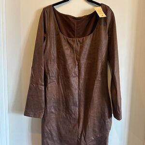 Popilush Built-In Shapewear Faux-Suede Long Sleeve Midi Dress - Brown / XL